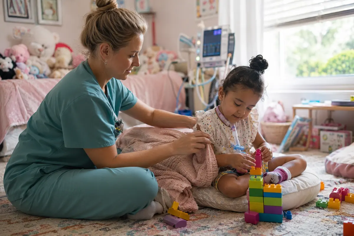 A nurse sits on the floor building coloured blocks with a young girl who has a tracheostomy.