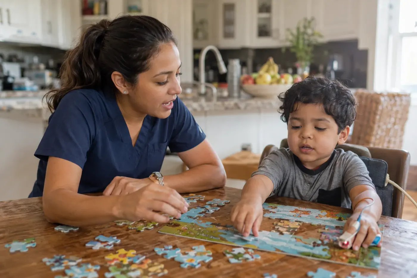 A caregiver and a child work on a jigsaw puzzle together at a kitchen table.
