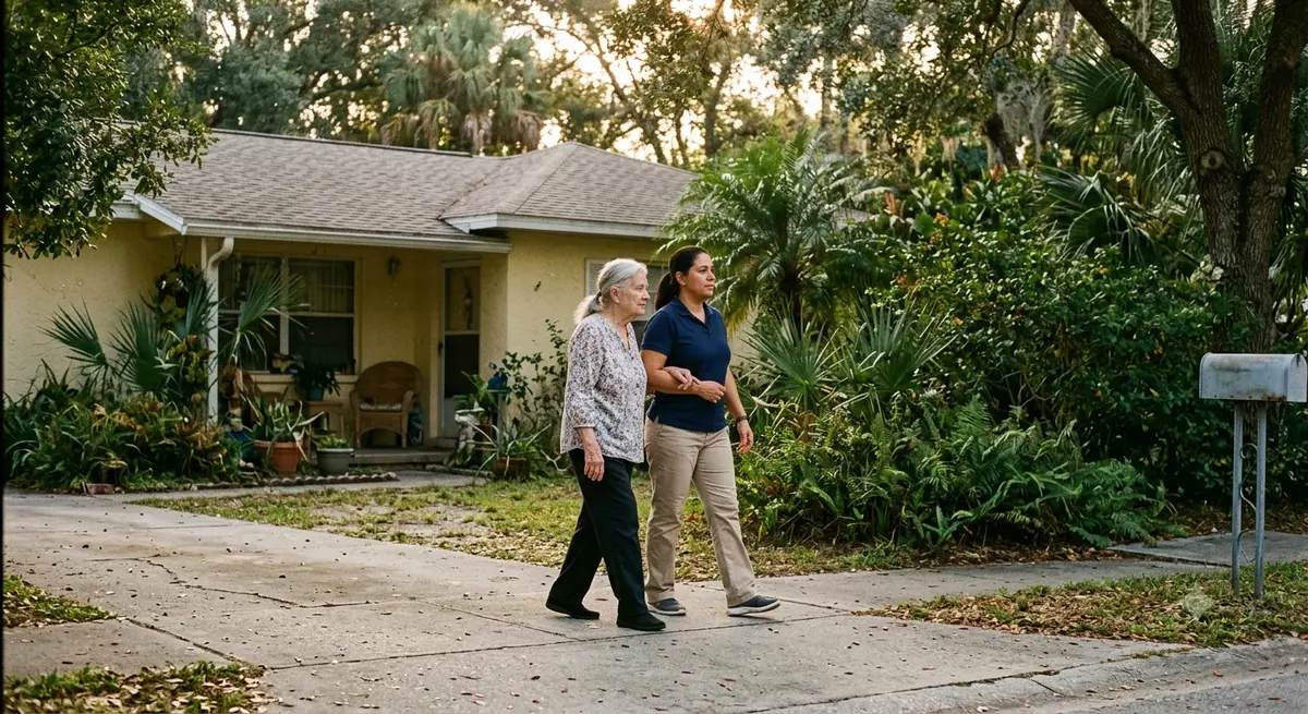 A caregiver walks beside an older woman on the path outside her Florida home.